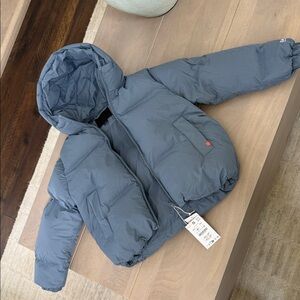Gray/Blue Puffer Jacket with Hood